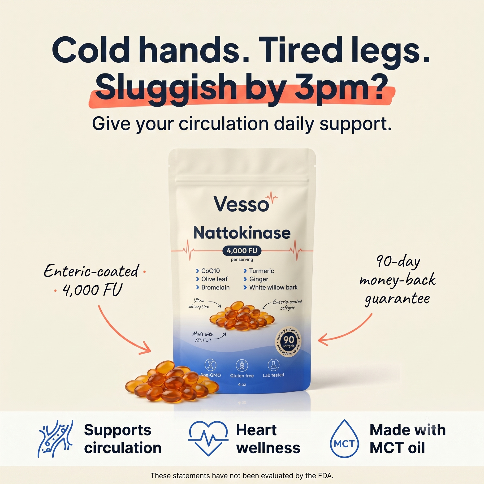 Vesso Nattokinase 4,000 FU — Enteric-Coated Circulation Support | 90 Softgels