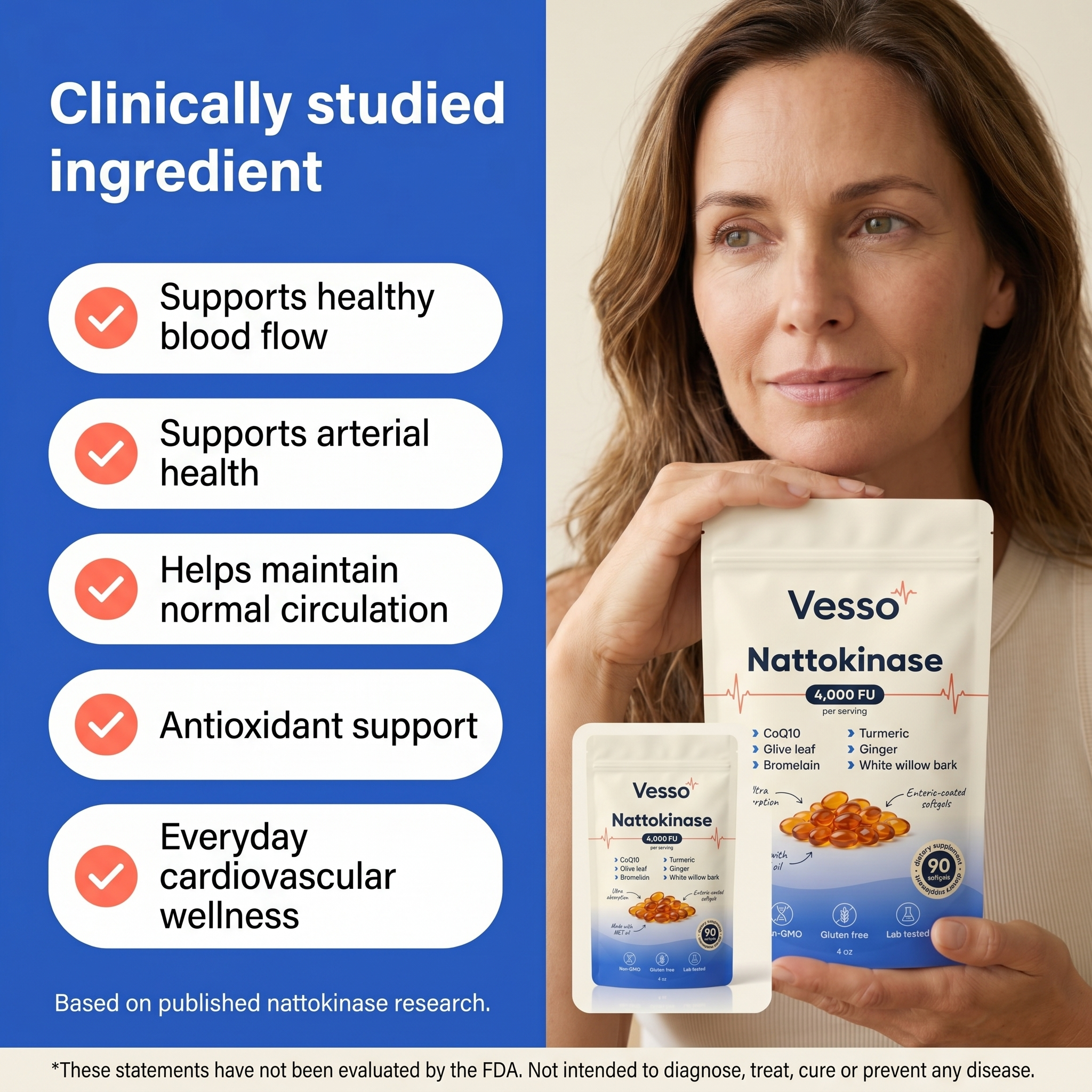 Vesso Nattokinase 4,000 FU — Enteric-Coated Circulation Support | 90 Softgels