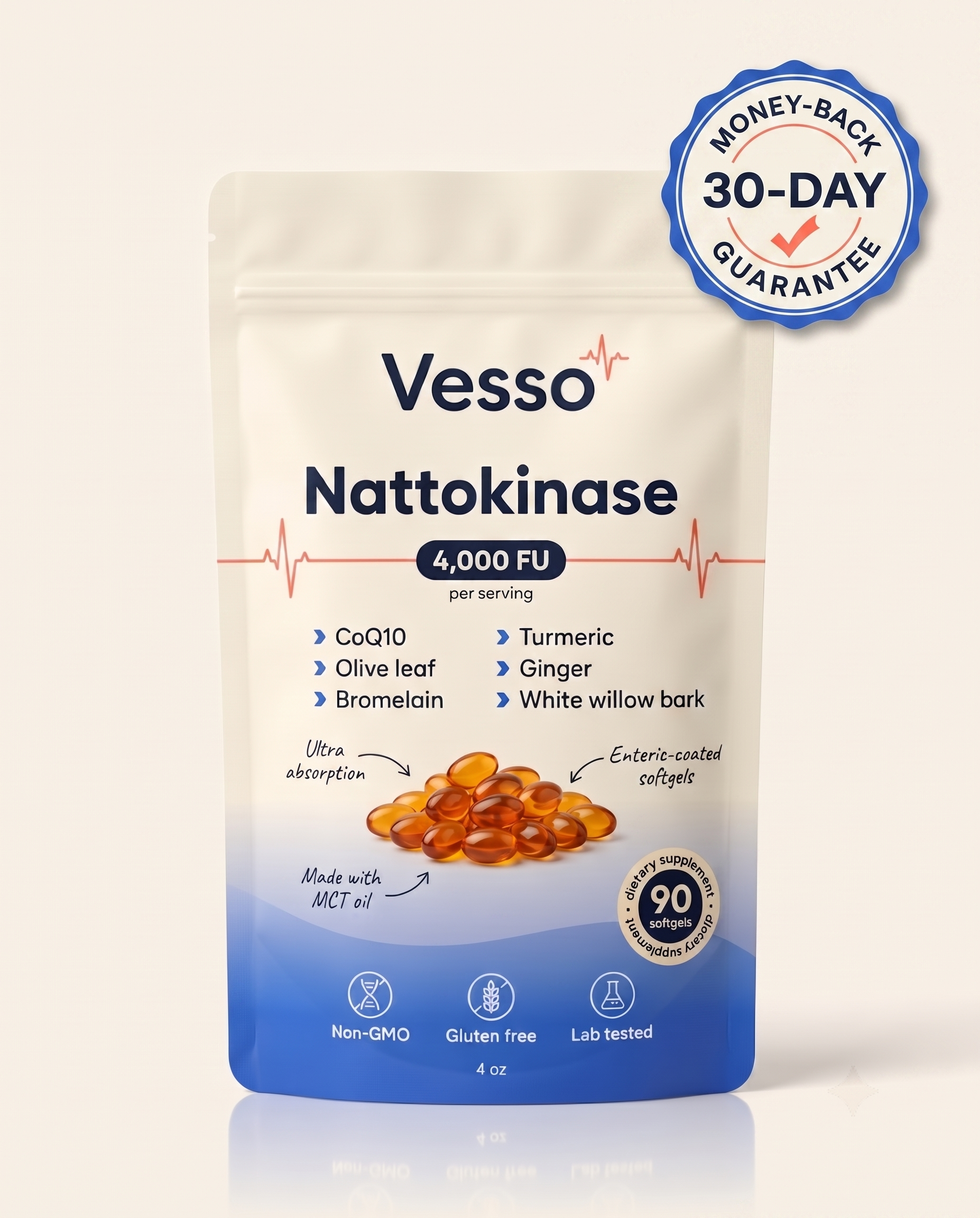 Vesso Nattokinase 4,000 FU — Enteric-Coated Circulation Support | 90 Softgels